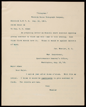 Joseph Wheeler to [Henry] M. Adams, August 12, 1893, copy