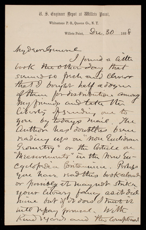[William] R. King to Thomas Lincoln Casey, December 30, 1888
