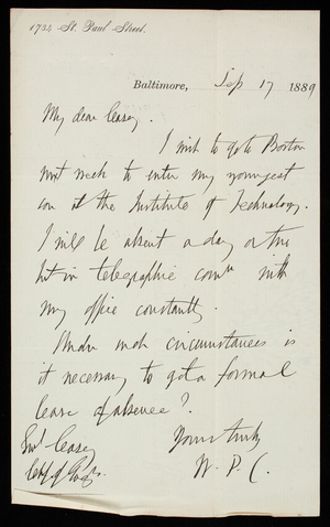 [William P. Craighill] to Thomas Lincoln Casey, September 17, 1889