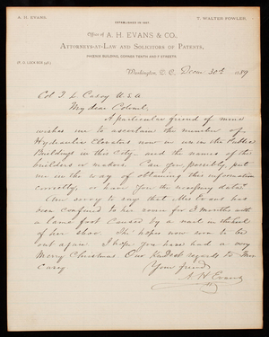A. H. Evans to Thomas Lincoln Casey, December 30, 1889