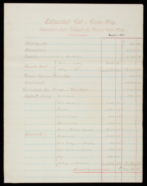 Calculations and estimates: Estimate of Cost of West & Center Wing, March 1, 1884