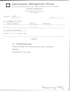 Fax from Mark H. McCormack to Fumiko Matsuki