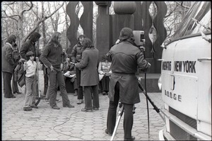 Commune members being interviewed by Channel 5 news: Steve Wilhelm, James Baker, and Richard Safft in background (l. to r.)