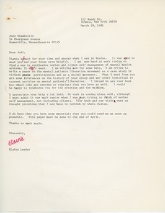 Letter from Judi Chamberlin to Elaine J. Leeder