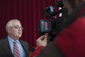 Congressman Barney Frank being interviewed on television at the Student Union Ballroom stage, UMass Amherst, during his book event