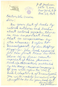 Letter from J. G. Jackson to Editor of the Crisis