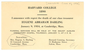 Announcement of the death of Eugene Abraham Darling