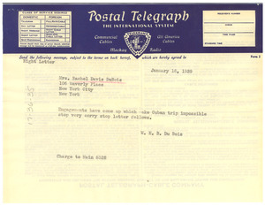Telegram from W. E. B. Du Bois to Rachel Davis DuBois