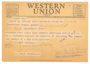 Telegram from Yusuf Meherally to W. E. B. Du Bois