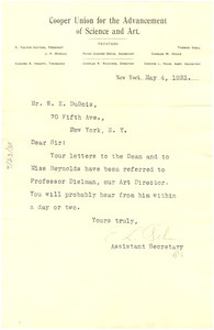 Letter from Cooper Union for the Advancement of Science and Art to W. E. B. Du Bois