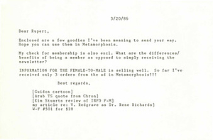 Correspondence from Lou Sullivan to Rupert Raj (March 20, 1986)