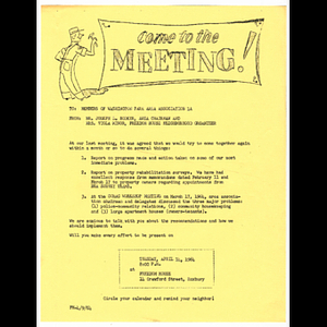 Memorandum from Joseph L. Booker and Viola Minor to Washington Park Area 1A members concerning meeting held April 14, 1964