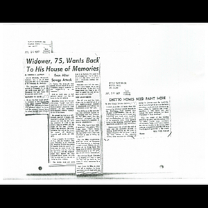 Photocopies of Boston Herald articles, Widower, 75, wants back to his house of memories, even after savage attack; and, Ghetto homes need paint more