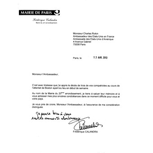 Letter from French politician Frederique Calandra to Charles Rivkin, the United States Ambassador to France