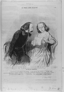 Un ARTICLE LOUANGEUR. - Lisez l'article que j'ai rédigé sur votre ouvrage.... je crois que vous serez satisfaite. - La dame lisant - "Nous venons de prendre connaissance du volume publié par Mme Eulalie de Bois-Fleuri, et nous pouvons annoncer hautement que la France compte une Buse de plus!.." - Comment Buse... mais j'avais écrit muse.... brigand d'imprimeur!....