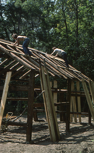 Roof sheathing (3) at the Moon Barn Raising at entrance to Hopkins Forest on 2 August 1975.