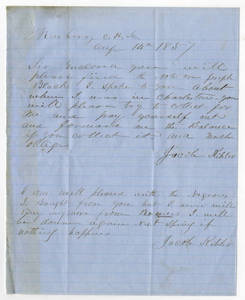 Letter by Jacob Kibbler, Newberry, South Carolina, to Ziba Oakes