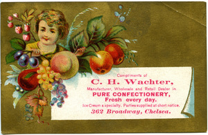 Compliments of C. H. Wachter, manufacturer, wholesale and retail dealer in pure confectionary