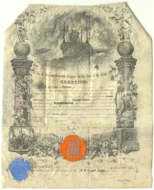 Master Mason certificate issued by Union Lodge, No. 31, to Henry Stoll, 1862 October 14