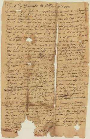 Letter from Eliakim Libby to Mehitable Cummings Libby, 1775, December 1
