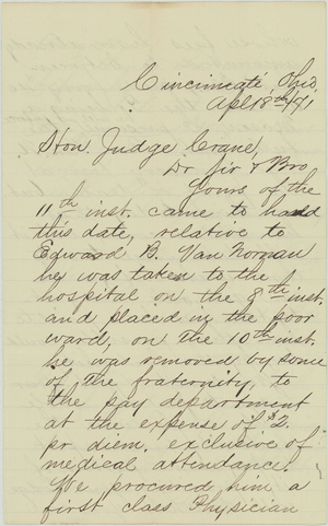 Letter to Judge Crane from William Martin, 1871 April 18
