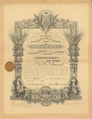 Certificate issued by America Lodge, No. 191, to James F. Lucas, 1888 November 23