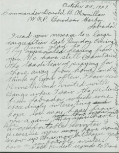 Copy of Letter to Commander MacMillan from Rev. Davis, Oct. 25, 1927