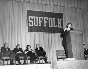 Ralph Nadar speaking at a Suffolk University event