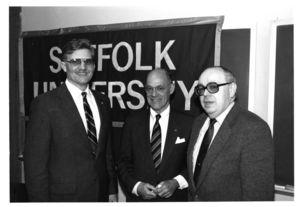 Members of Suffolk University's faculty, Harold Reynolds, Glen Eskedal and Michael R. Ronayne, at a campus event
