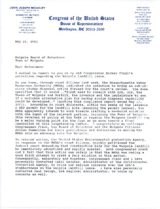 Letter from John Joseph Moakley to Walpole, Mass. Board of Selectmen, 25 May 1993