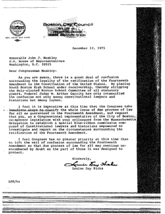 Letter from Louise Day Hicks to John Joseph Moakley requesting the establishment of a commission to "investigate and report on the circumstances surrounding the ratification of the Fourteenth Amendment," 12 December 1975