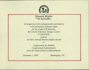 John Joseph Moakley's Central American Refugee Center (CARECEN) Human Rights Award, November 1989