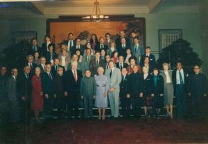 Group photograph of John Joseph Moakley, Tip O'Neill, and other members of a congressional delegation to China, 1983