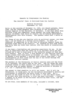 Remarks by John Joseph Moakley given at Suffolk University regarding a push for justice in the Jesuit murder case, 30 September 1991