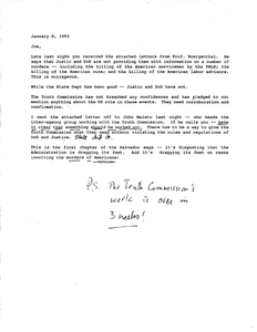Letter to John Joseph Moakley regarding lack of cooperation from the U.S. Justice Department and Department of Defense in regards to the Truth Commission for El Salvador's investigation into murders in El Salvador, 8 January 1993