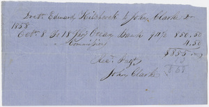 Edward Hitchcock receipt of payment to John Clarke, 1858 October 8