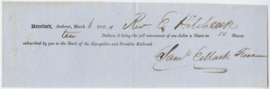 Edward Hitchcock receipt of payment to Hampshire and Franklin Railroad, 1847 March 1