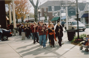 Lawrence School Band leading the Annual Halloween parade down Main Street