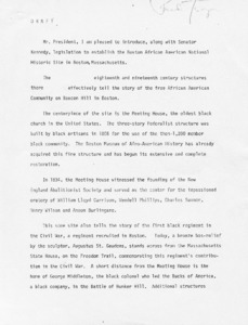 Draft of speech introducing legislation to establish the Boston African American National Historic Site in Boston, Massachusetts