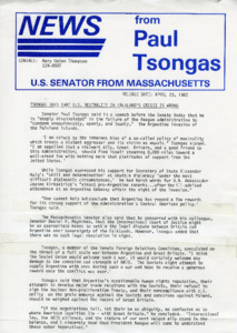 Tsongas says that U. S. neutrality in Falkland's crisis is wrong