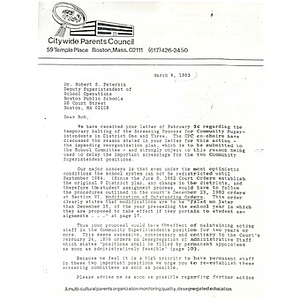 Letter, Dr. Robert S. Peterkin, March 8, 1983.