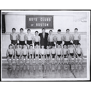 The Bunkerhill Hill Clubhouse's 1948-49 Jr. swim team poses for a team shot with their coach Lawerance Santapual (back row, center)