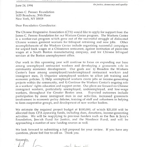 Grant application letter to the James C. Penney Foundation, requesting funding for the Chinese Progressive Association Workers' Center