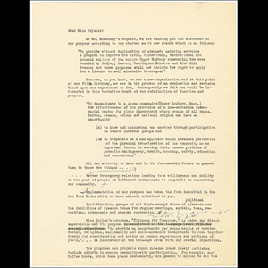 Annotated draft of letter to Caryl Mae Crysler of Greater Boston Council of Girl Scouts, Inc., demonstrating how Freedom House's ideals benefit Girl Scout troop sponsorship