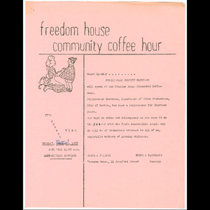 Flier advertising Freedom House Coffee Hour featuring policewoman Dorothy Harrison