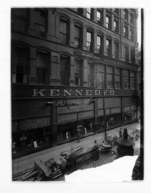 Part of Kennedy's Hawley Street facade to corner of Summer Street, Boston, Mass.