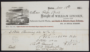 Billhead for William Lincoln, agent for Philbrick's Coal Oil Works, No. 13 India Street, Boston, Mass., dated November 18, 1861