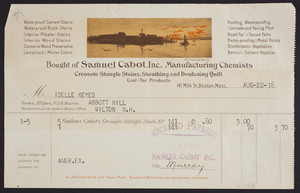Billhead for Samuel Cabot, Inc., manufacturing chemists, 141 Milk Street, Boston, Mass., dated August 22, 1916