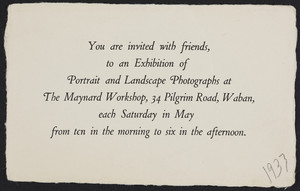 Invitation to an exhibition of portrait and landscape photographs at The Maynard Workshop, 34 Pilgrim Road, Waban, Mass., May 1933