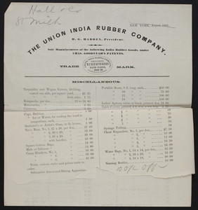 Price list for The Union India Rubber Company, New York, August 1861